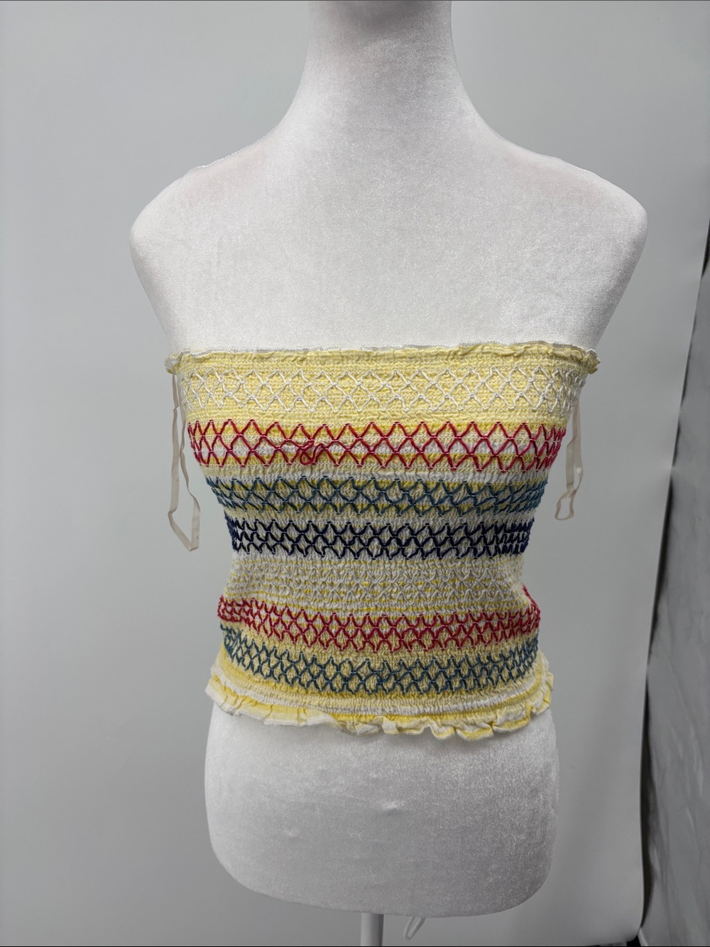 Belle Du Jour Yellow Smocked Tube Top with Multicolor Stripes